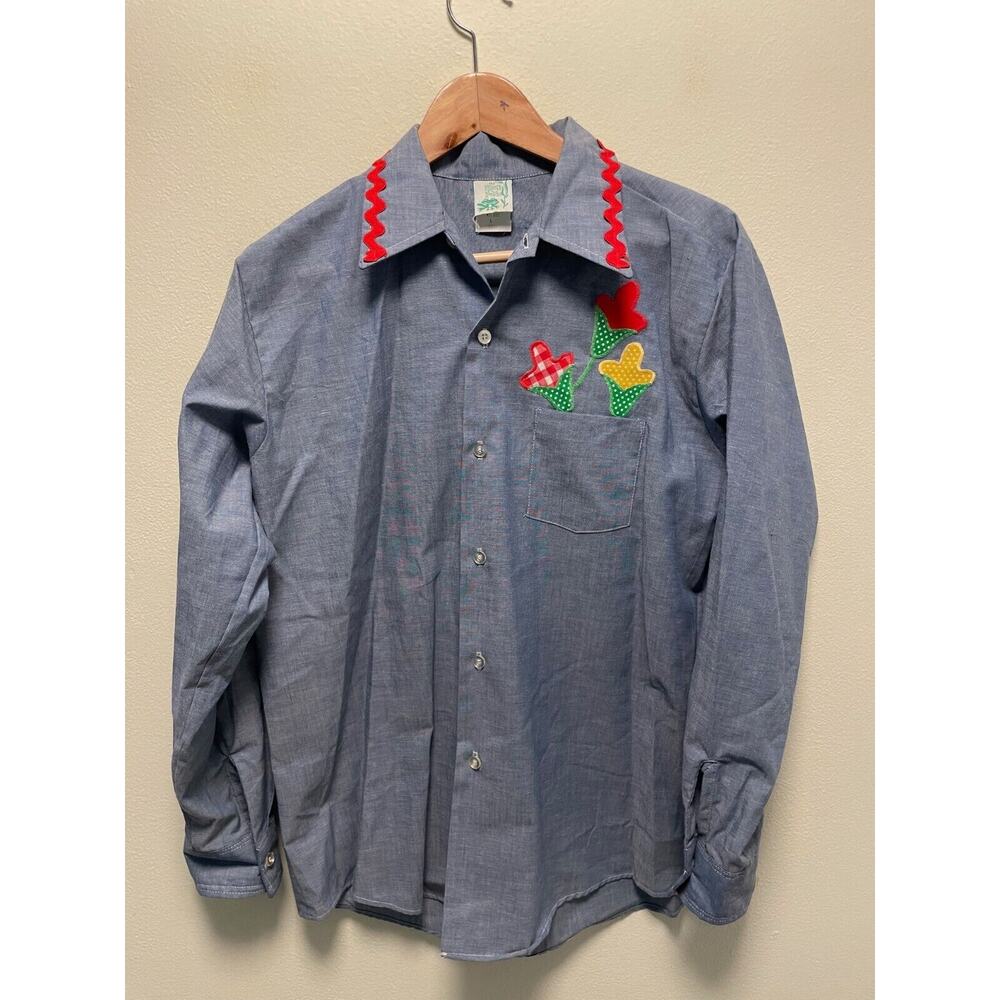 Vintage The Frog Pond Womens Top Large Chambray Floral Applique Art to Wear 70s
